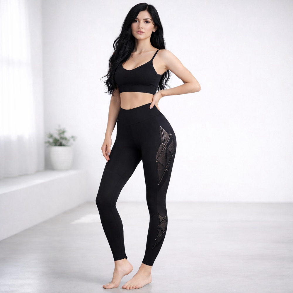 Koral Black Geometric Mesh Leggings XS High Rise Sculpting Athleisure